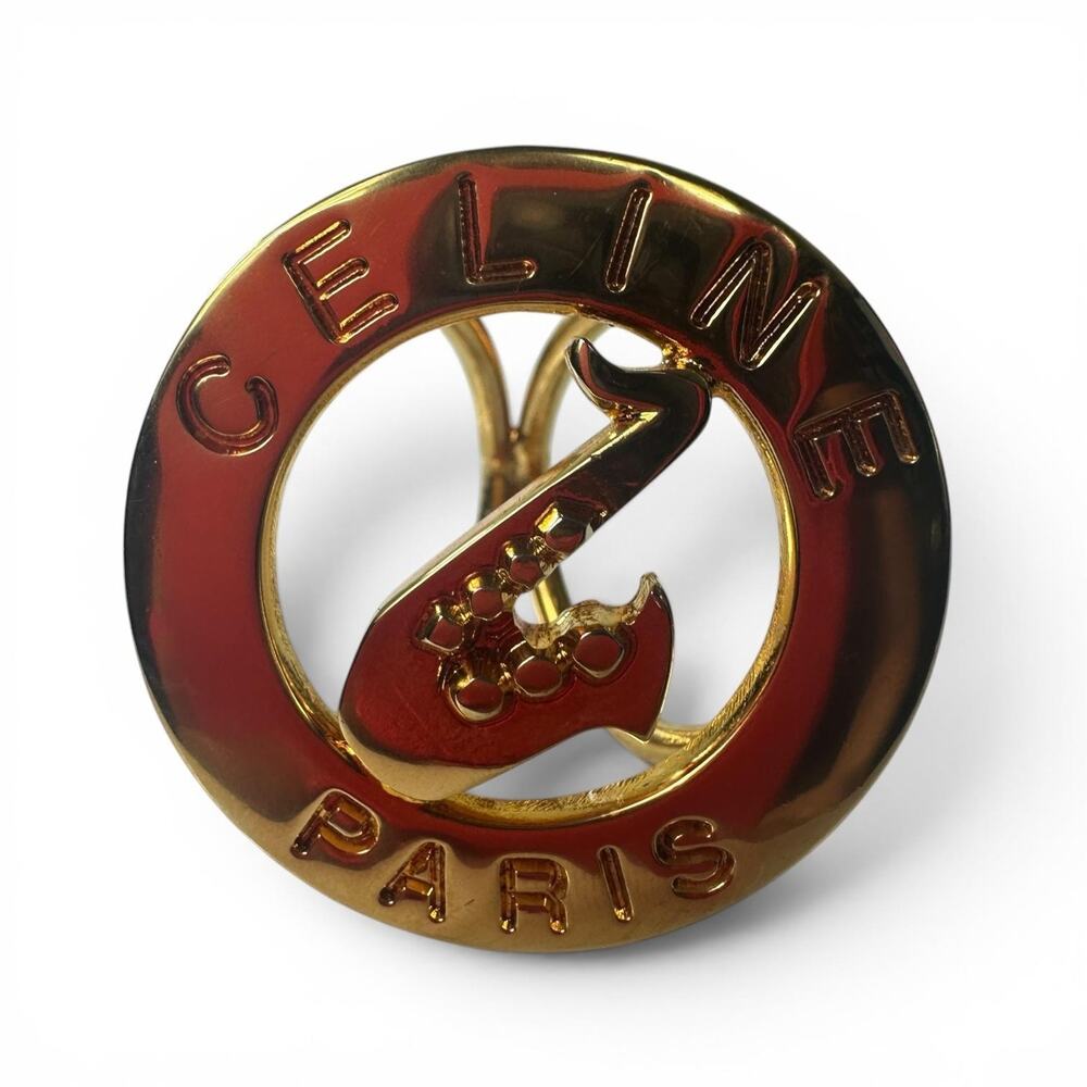 CELINE Scarf Ring Gold Tone Vintage Saxophone Logo Round Made In Italy